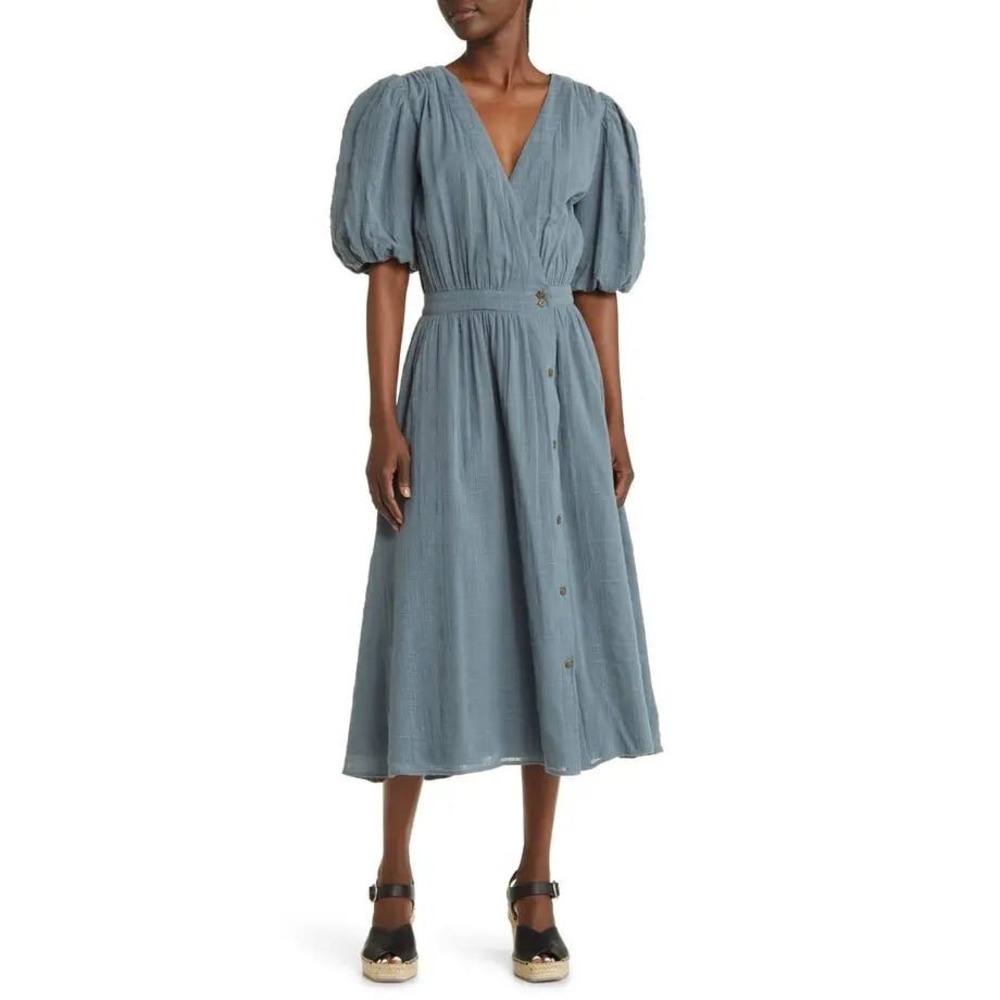 NWOT Treasure Bond Midi Dress Puff‎ Sleeve Button Front Casual Blue Size S